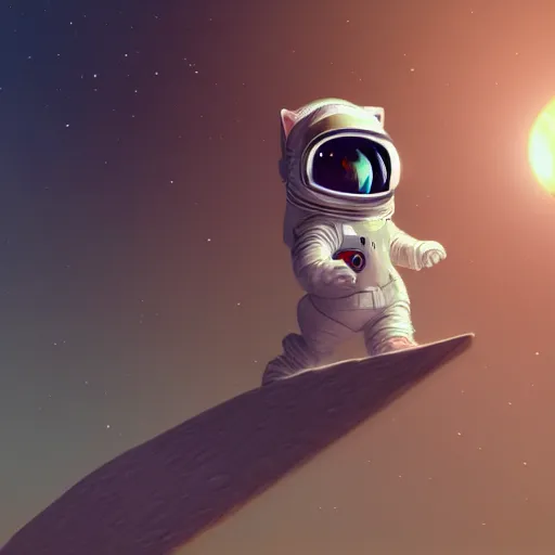 Image similar to kitten in space suit is running on the surface of moon, trending on artstation, 4 k