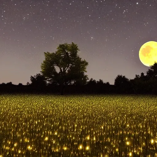 Image similar to field of fireflies at twilight, no blur, hyper realistic, full moon, 8 k octane render