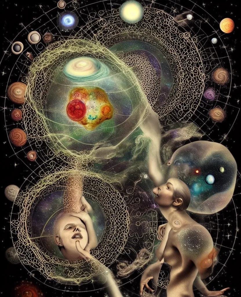 Image similar to inside the universe of a human body soul, whimsical uncanny creature alchemizes unique canto about'as above so below'being ignited by the spirit of haeckel and robert fludd, breakthrough is iminent, glory be to the magic within, to honor jupiter, surreal collage by ronny khalil