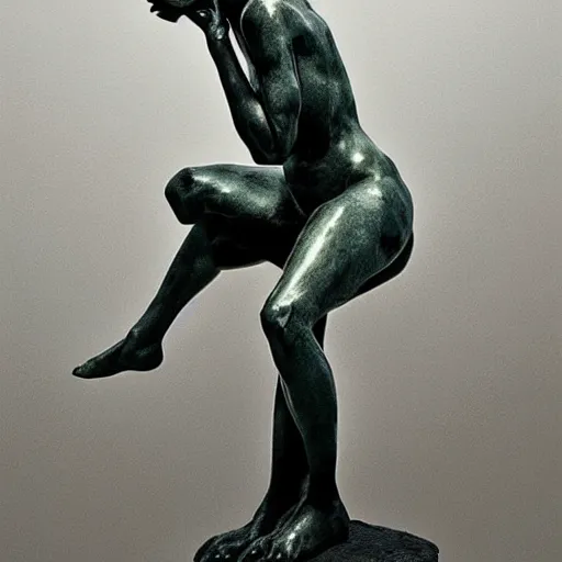 Image similar to sculpture of cate blanchett ,the thinker, by Augusts Rodin,hyper detailed, photorealism