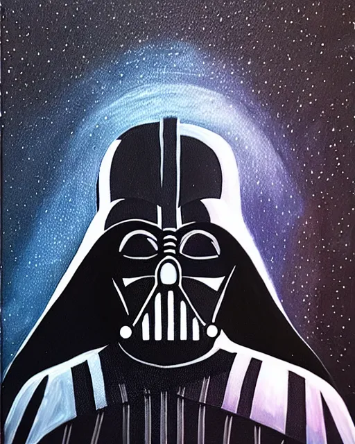 Image similar to acrylic painting portrait of darth vader in a star destroyer looking into outer space, view from behind, high production value, intricate details, high resolution, hdr, high definition, masterpiece, realistic, ultrarealistic, highly detailed, hd, sharp focus, non blurry, sharp, smooth