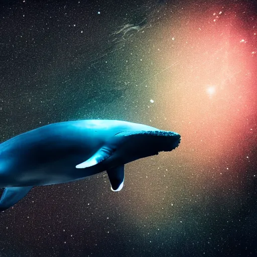Image similar to close up portrait of space whale on a dark night sky in space, flying across the universe, oniric, dreamy, beautiful, highly detailed, realistic, cinematic, dynamic composition