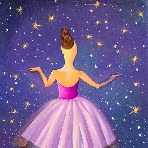 Image similar to Ballerina in a dress looking at a starry sky, galaxy, beautiful, painting, highly detailed, soft light