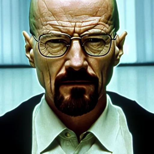 Image similar to close up film of walter white as neo in the matrix film, highly detailed face, highly detailed skin