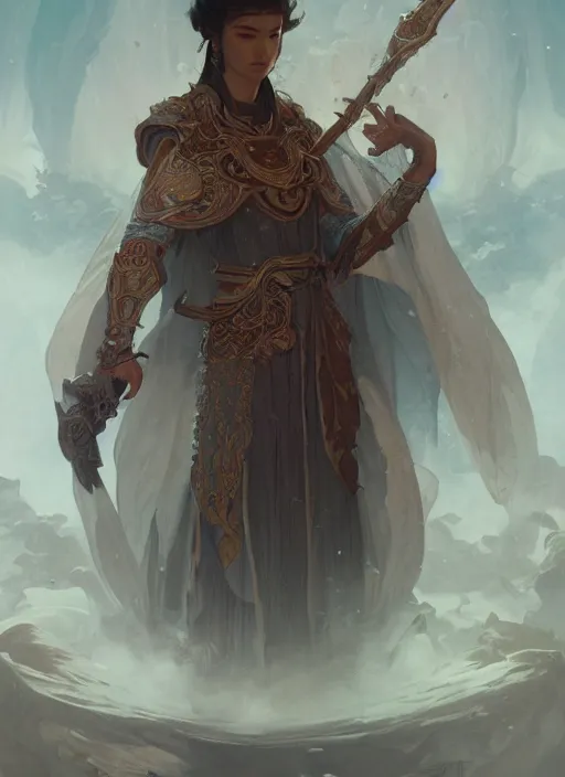 Image similar to xianxia hero, epic, fantasy, orientalist, intricate, elegant, highly detailed, digital painting, artstation, concept art, matte, sharp focus, illustration, art by greg rutkowski and alphonse mucha