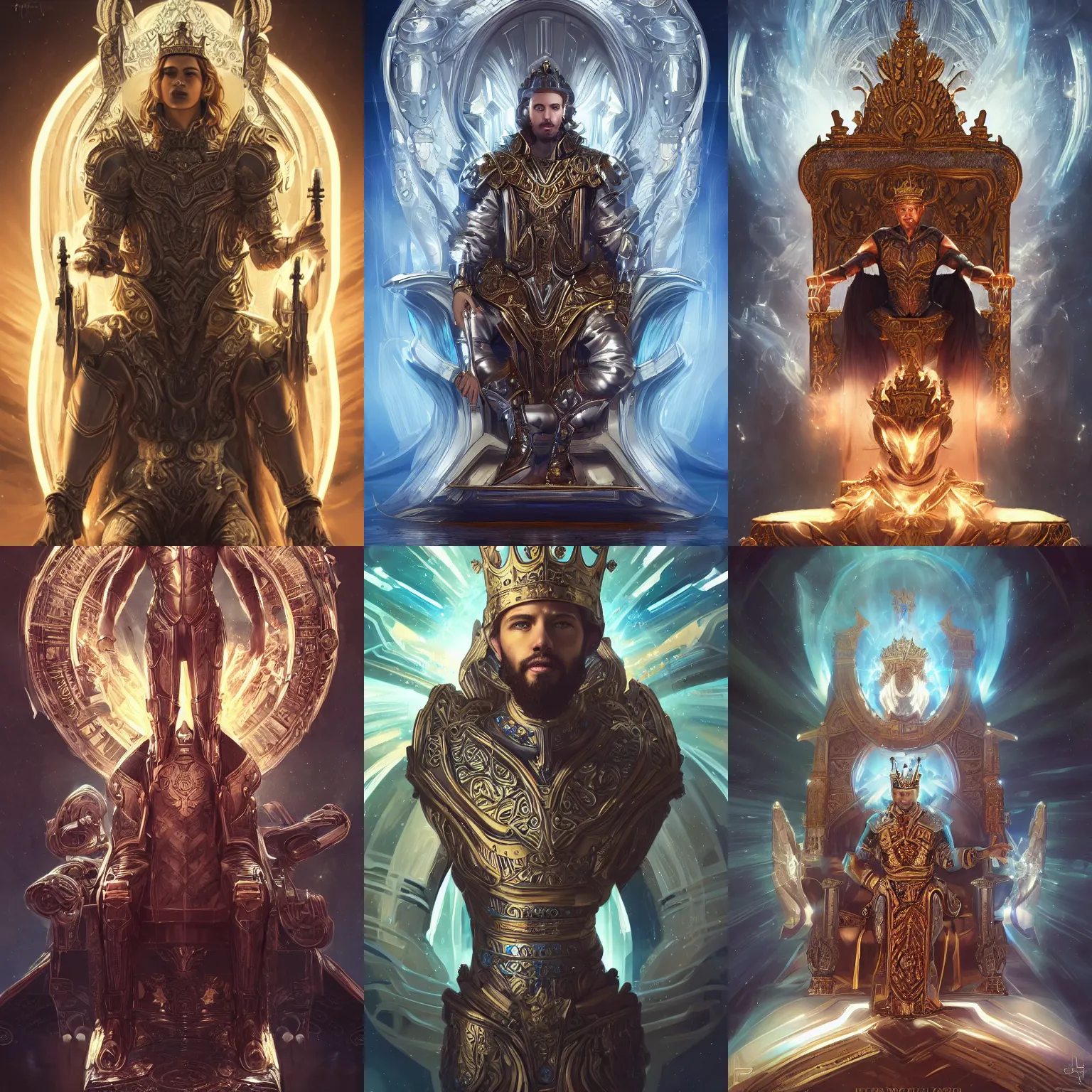 Prompt: full body portrait of a king on his throne in the year 2 3 0 0, futuristic, heavenly lights, highly detailed illustration, neoclassicist painting, digital art, cover art by artgerm, award winning, artstation, 4 k