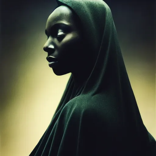 Image similar to a portrait of a young black woman wearing a long dark cloak, hood and shadows covering face, anatomically correct, beautiful perfect face, enigmatic, oil painting, matte painting, black background, Volumetric Golden dappled dynamic lighting, Highly Detailed, Cinematic Lighting, Unreal Engine, 8k, HD, by Beksinski