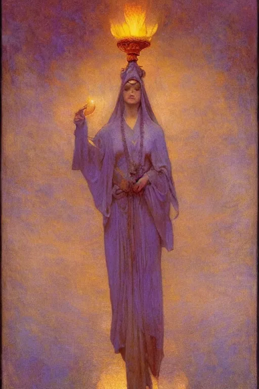 Prompt: queen of the fog with her lantern by Annie Swynnerton and Nicholas Roerich and jean delville, strong dramatic cinematic lighting , ornate headdress , flowing robes, lost civilizations, smooth, sharp focus, extremely detailed