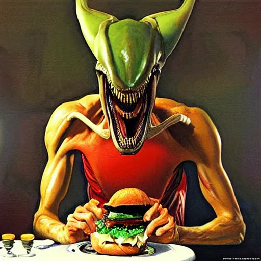 alien xenomorph eating a cheeseburger at a 5 0 s Stable Diffusion