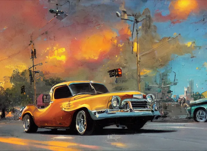 Image similar to hotrods driving down a street , vintage, high detail, golden hour, 8K, by John Berkey
