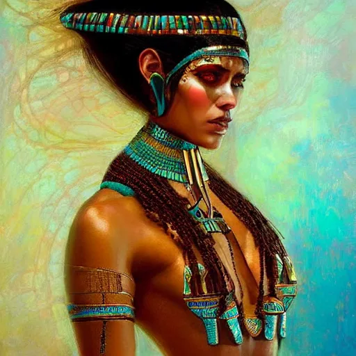 Prompt: woman egyptian brown tan skin, priestess, cleric robes, turquoise jewelry, karol bak, impressionism, bold linework, ambient lighting,