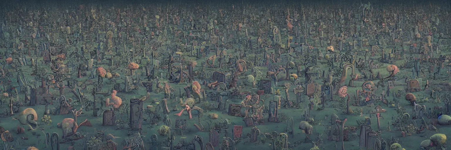 Prompt: a beautiful painting of a twisted surreal aaahh!!! real monsters cemetery during a full moon by james gurney and beeple | seen from above | establishing shot | unreal engine :. 3 | es