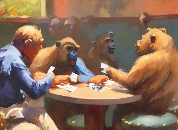 Image similar to one gorrila and one bear playing poker, highly detailed beautiful, by gregory manchess, james gurney, james jean