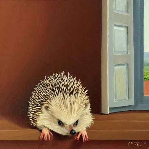 Image similar to hedgehog melting in the heat with an electric fan pointing at the hedgehog, sitting in front of a window, oil on canvas, detailed, art