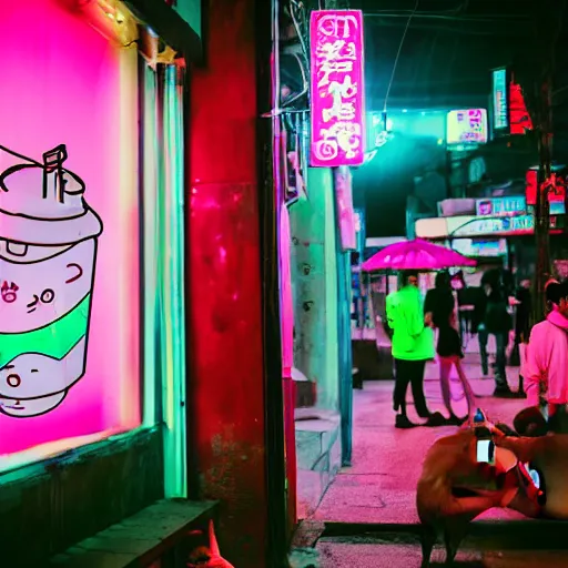 Image similar to capybara drinking bubble tea in cyberpunk, neon, pink and cyan seoul, detailed, street photography