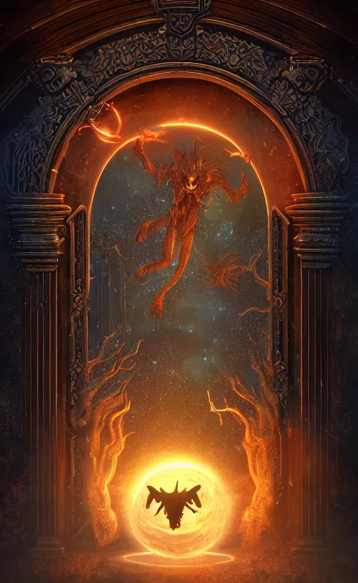 Prompt: a ornamental gate into space a demon emerges from it, ornament, intarsia, portal, doorway, dynamic lighting, ambient lighting, atmospherical, photorealistic fantasy concept art, trending on art station, stunning visuals, creative, cinematic, ultra detailed