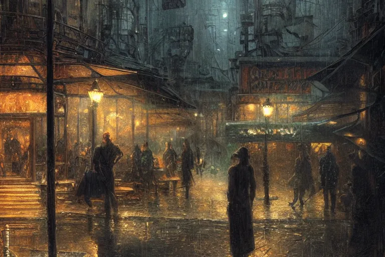 Prompt: A small cafe at night during rain, moody scene, highly detailed, intricate, sharp details, dystopian mood, 1950 scene by gaston bussiere, craig mullins, somber lighting, drawn by Giacomo Burattini, inspired by graphic novel cover art