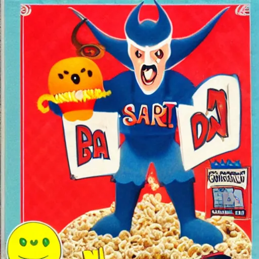 Image similar to A cereal box with Satan as the mascot.