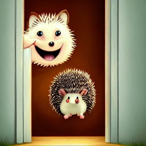 Image similar to cute adorable hedgehog opening the door, waving, smiling, cute, hedgehog, by cyril rolando