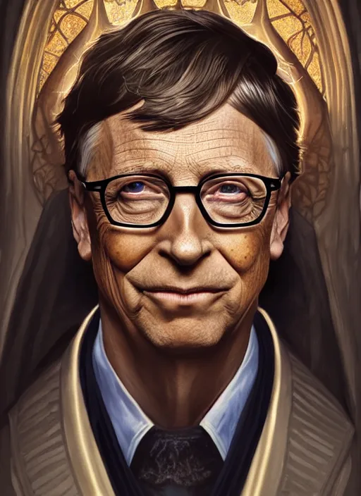 Image similar to symmetry!! portrait of bill gates as satan, fantasy, medieval wear, intricate, elegant, highly detailed, digital painting, artstation, concept art, smooth, sharp focus, illustration, art by artgerm and greg rutkowski and alphonse mucha