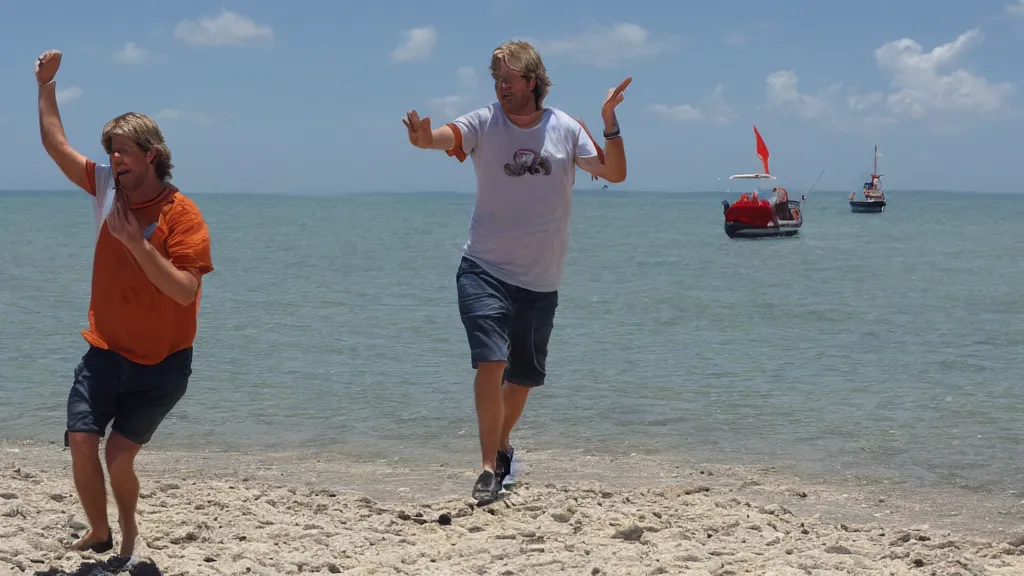 Prompt: Guido Van Rossum storming the shore of snake island