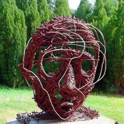 Prompt: sculpture made out of rusty barbed wire.