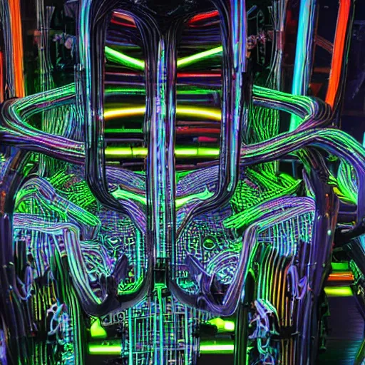 Image similar to a modular synthesier designed by giger with glowing leds and colorful cables, product photo, dark background