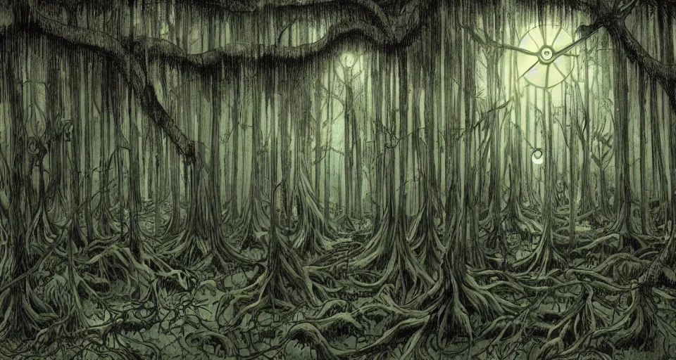 Prompt: A dense and dark enchanted forest with a swamp, by Hajime Isayama