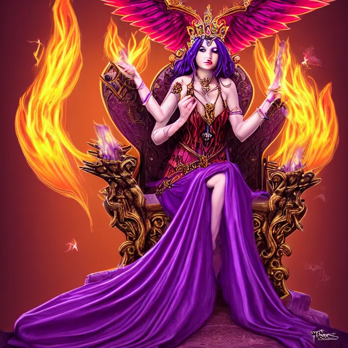 Image similar to Princess sorceress with red flaming bird wings on her back and sitting on an ornate throne dressed in a fancy purple dress, beautiful realistic symmetrical defined face, anatomically correct, Fantasy, Full Portrait, High detail, realistic, planeswalker