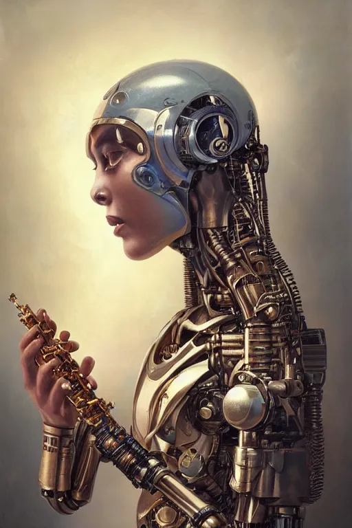 Image similar to a beautiful ultradetailed vintage photo of cyborg playing an oboe, by tom bagshaw and anna dittman, portrait, vignette, 3 5 mm lens, golden ratio composition, detailed face, studio photography, very detailed, humanoid, industrial robot, artstation, 8 k, highly coherent