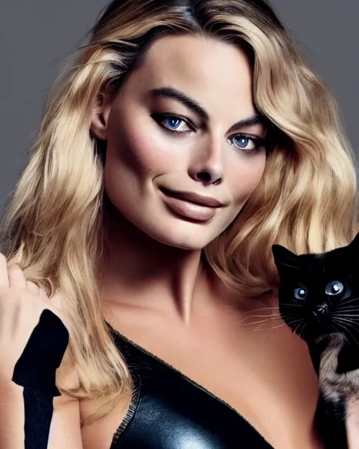 Image similar to portrait of margot robbie with a cat woman costume, full body shot, highly detailed, beautiful eyes, beautiful face, detailed face, cinematic, professional photograph