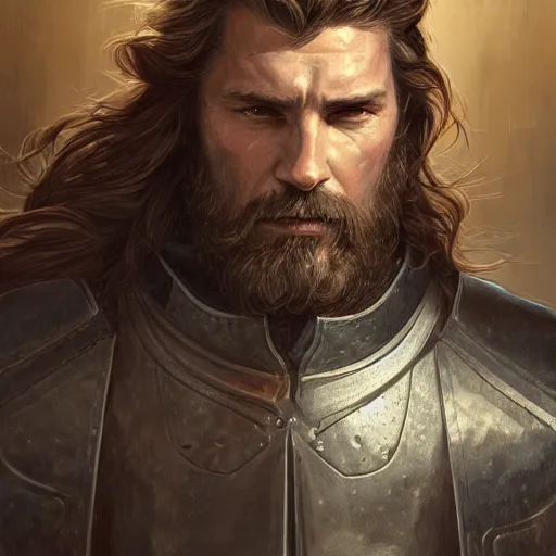 Prompt: portrait of a ruggedly handsome paladin, soft hair, muscular, half body, leather, hairy, d & d, fantasy, intricate armor, elegant, highly detailed, digital painting, artstation, concept art, smooth, sharp focus, illustration, art by artgerm and greg rutkowski and alphonse mucha