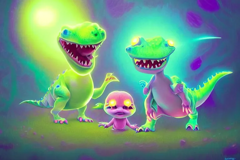 Image similar to pixar designed cute, smiling chibi style baby dinosaurs made entirely out of glowing electrified plasma, having fun inside a psychedelic realm made entirely out of love and acceptance and hypercolors. astral beings sharing love. greg rutkowski and wlop and lisa frank! and ruan jia, illustration, epic, fantasy, hyper detailed, smooth, unreal engine, sharp focus, ray tracing