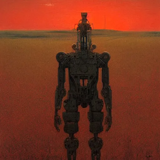 Prompt: a mech suit standing in a field at sunset by Beksinski