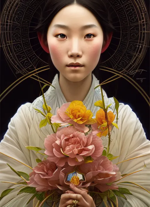 Prompt: symmetry portrait of floral yunnan girl, intricate, elegant, highly detailed, digital painting, artstation, concept art, smooth, sharp focus, illustration, art by artgerm and greg rutkowski and alphonse mucha, 8 k