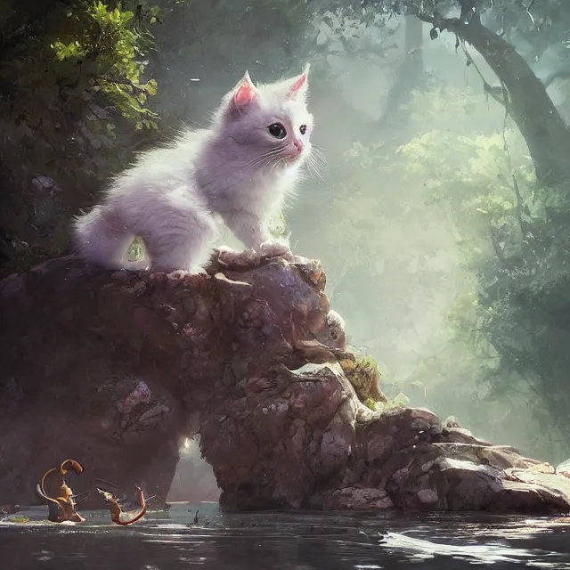 Image similar to a painting of a cute kitten at a river catching fish. disney character design by cory loftis, fenghua zhong, ryohei hase, ismail inceoglu and ruan jia. volumetric light, detailed, rendered in octane