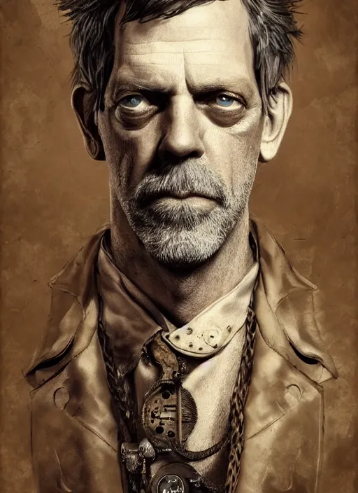 Image similar to steampunk portrait of hugh laurie, au naturel, hyper detailed, digital art, trending in artstation, cinematic lighting, studio quality, smooth render, unreal engine 5 rendered, octane rendered, art style by klimt and nixeu and ian sprigger and wlop and krenz cushart.