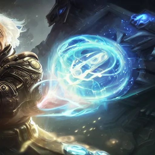 Image similar to Portrait of Albert Einstein as a spellcaster, League of Legends amazing splashscreen artwork, Gears of War, splash art,natural light, elegant, photorealistic facial features, intricate, fantasy, detailed face, atmospheric lighting, anamorphic lens flare, cinematic lighting, league of legends splash art, hd wallpaper, ultra high details by Greg rutkowski