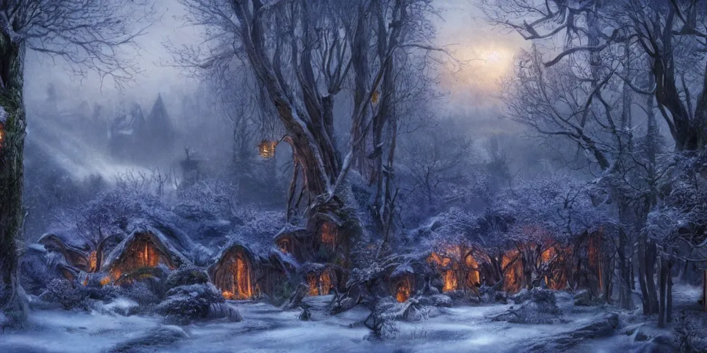 Image similar to Lothlórien with elven homes during winter, evening, detailed matte painting, cinematic, Alan Lee, Artstation