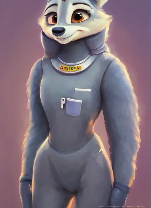 Image similar to oil painting detailed full body of anthromorphic female wolf, in style of zootopia, zootopia, zootopia, fursona, furry, furaffinity, 4 k, deviantart, furry art, fursona art, wearing astronaut outfit, in style of zootopia, wolf fursona, cyberpunk, female, expressive, detailed feminine face,