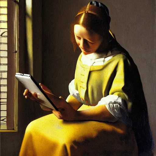 Prompt: Oil painting of a person sitting down, using a magical tablet, Trending on artstation, 8k quality, digital art, by Johannes Vermeer
