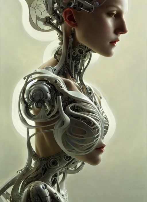 Image similar to organic cyborg, white plastic, diffuse lighting, fantasy, intricate, elegant, highly detailed, lifelike, photorealistic, digital painting, artstation, illustration, concept art, smooth, sharp focus, art by John Collier and Albert Aublet and Krenz Cushart and Artem Demura and Alphonse Mucha