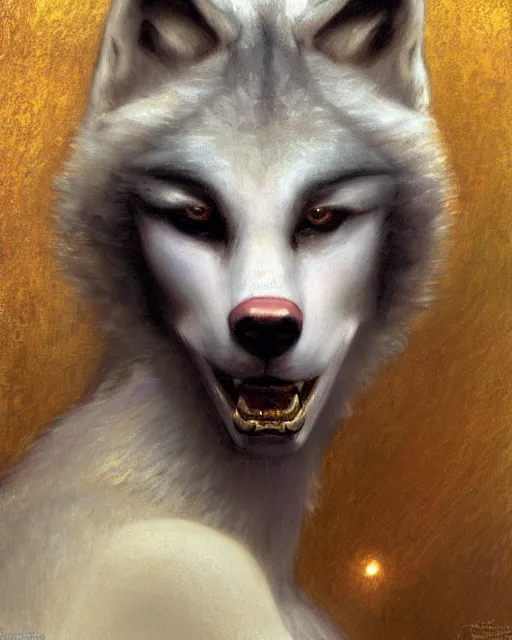 Prompt: white female anthro wolf skating at a roller derby, female fursona, 4 k, trending on artstation, very expressive detailed face, by gaston bussiere, craig mullins, j. c. leyendecker, gustav klimt, artgerm, greg rutkowski, alphonse mucha