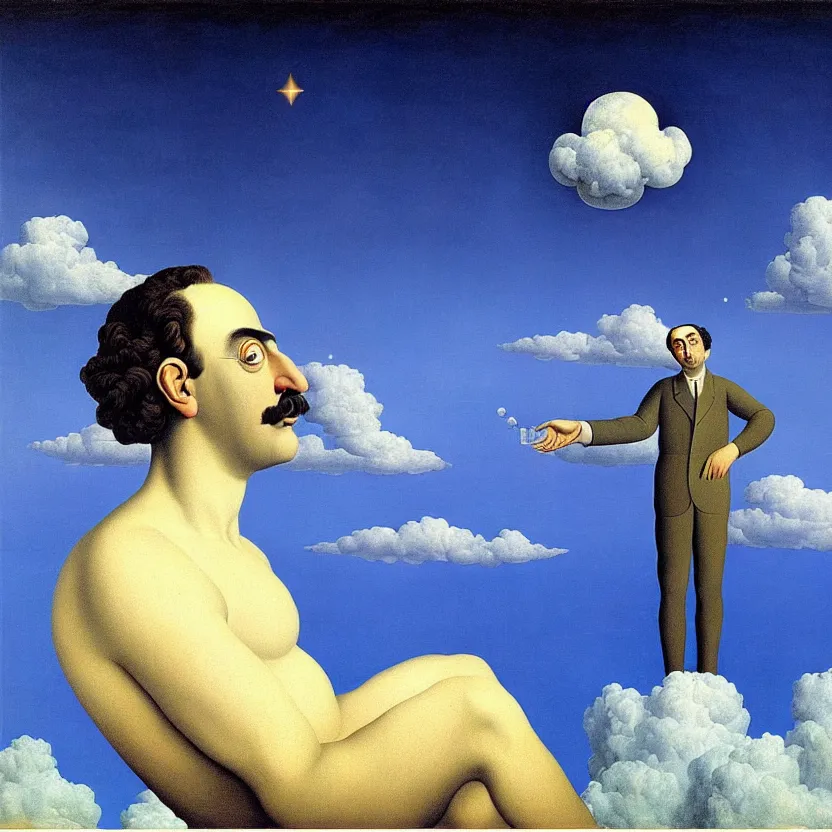 Image similar to painting of a scientist looking up in the dreamy sky, highly detailed, sharp focus, surreal, dreamlike, by rene magritte and salvador dali