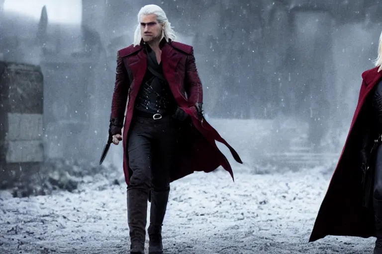 Image similar to vfx movie suave handsome grinning vampire with long white hair, trench coat, dual wielding large revolvers, leaping into the air, low gravity in a shattered reality of new york city, henry cavill witcher devil may cry, game of thrones, by emmanuel lubezki