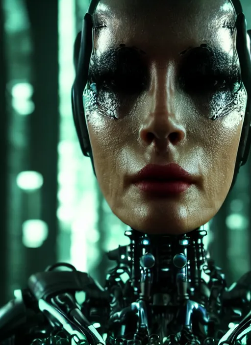 Image similar to 35mm portrait of a sophisticated intricate terminator woman's head on the background of a weird magical mechanical forest .Very detailed 8k. Fantasy cyberpunk horror. Sharp. Unreal 5 render with nanite, global illumination and ray tracing. Cinematic post-processing