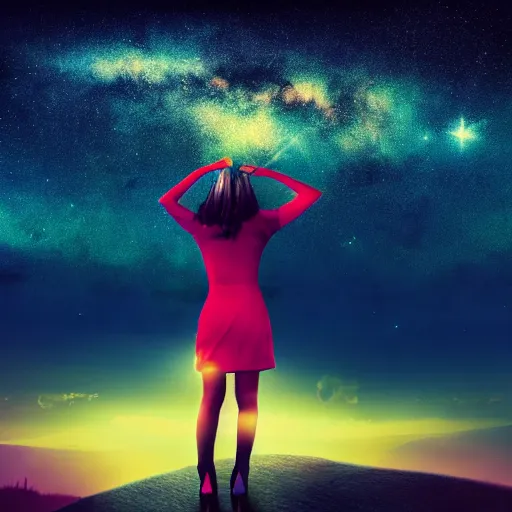 Prompt: album cover, with text vystava, a beautiful landscape of a starry sky with an beautiful woman waving to the horizon, cinematic, dramatic, color grading, photojournalism, colorful, highly detailed