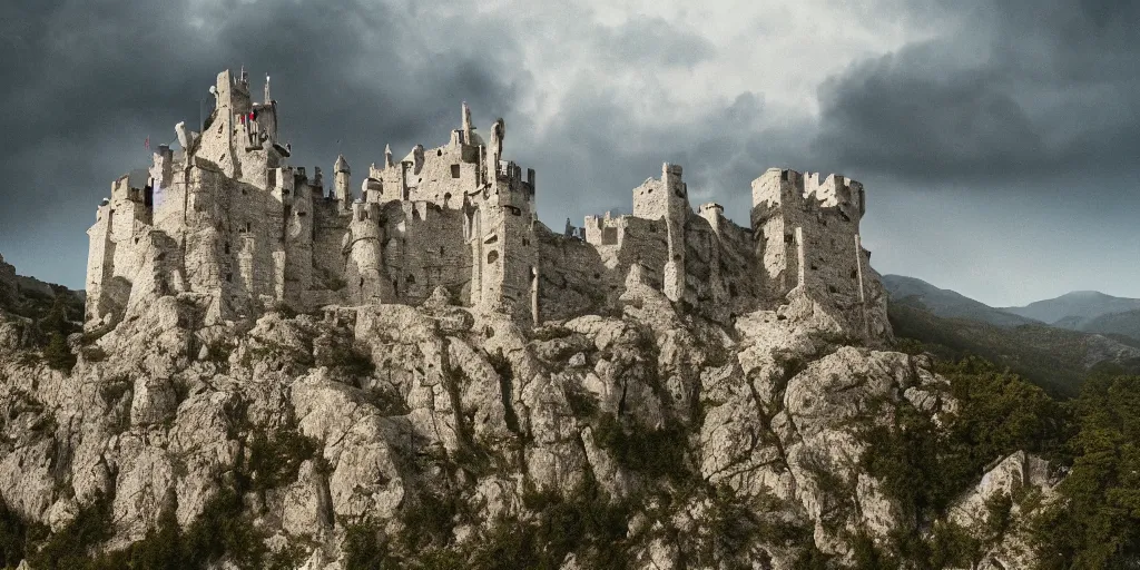 Prompt: photograph of the baamonde medieval castle sculpted on the cliff, game of thrones, evening, cinematic, movie still, rule of thirds, golden ratio, phi