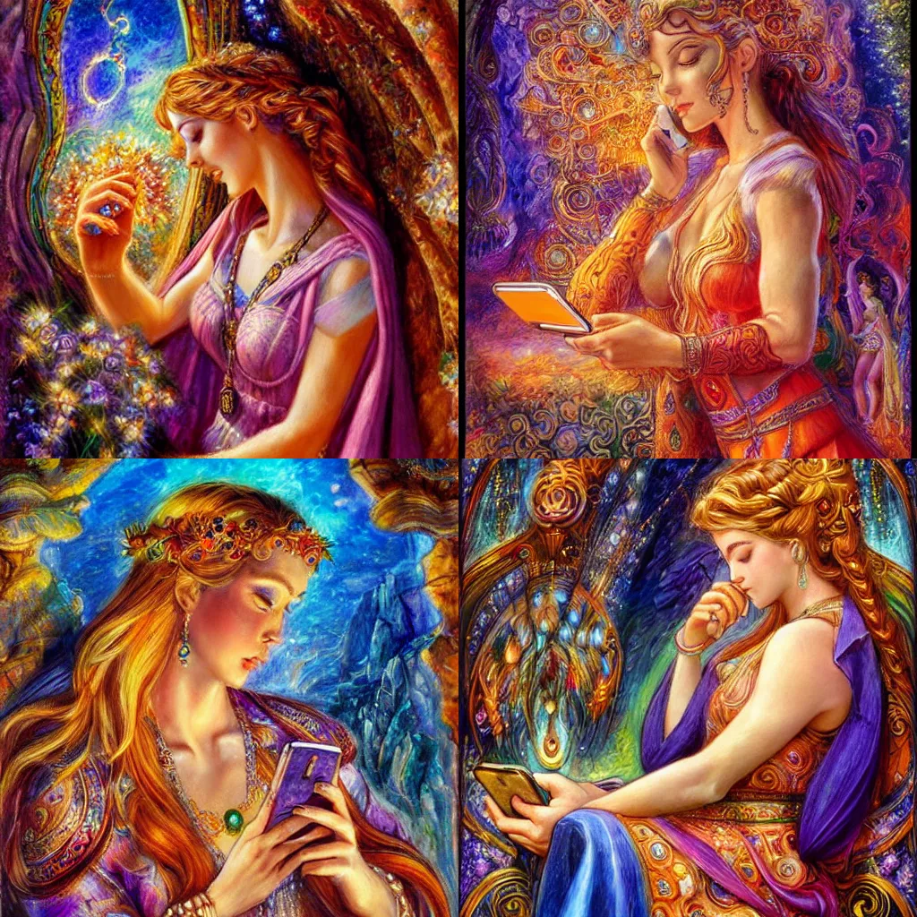 Image similar to goddess checking her phone, by josephine wall, trending on artstation