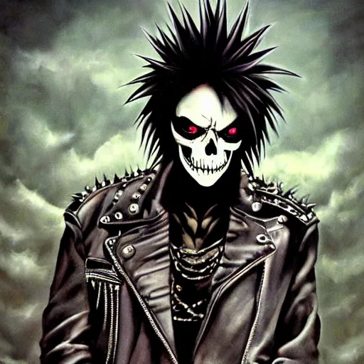 Prompt: a portrait of the grim reaper as a punk rocker, punk, skeleton face, mohawk, dark, fantasy, leather jackets, spiked collars, spiked wristbands, piercings, boots, electric guitars, motorcycles, ultrafine detailed painting by frank frazetta and vito acconci and takeshi obata, death note style, detailed painting